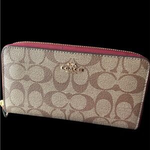 Coach Brown and Red Signature Wallet with Leather Trim